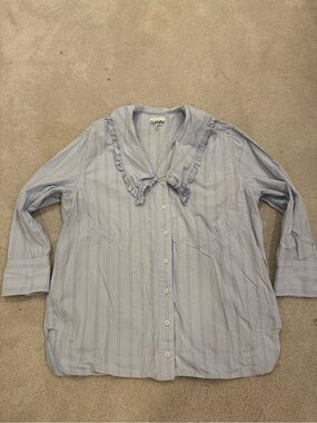 Ganni Pale Blue Striped Ruffle-Collar Button Shirt